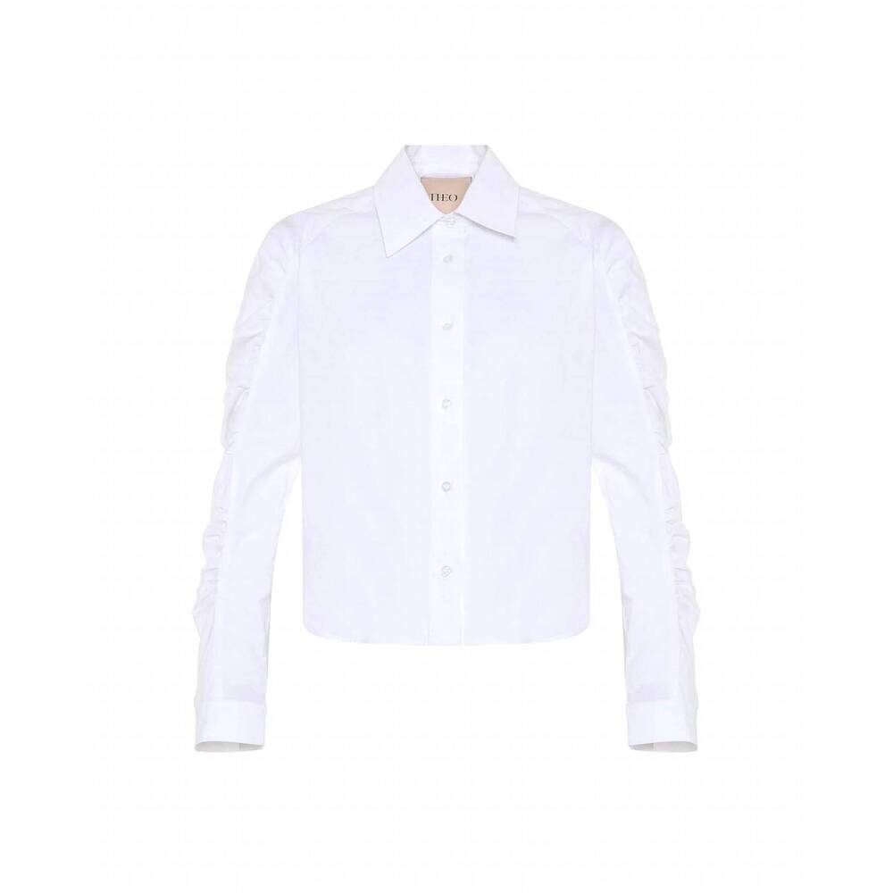 NEW THEO THE LABEL women's echo ruched sleeve shirt in white